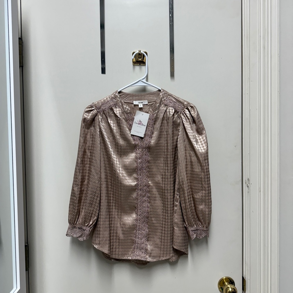 Shiny Pink Blouse with Lace Trim